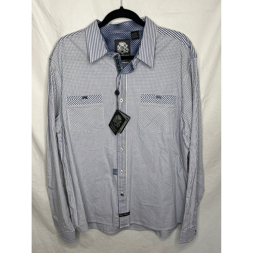 NWT English Laundry Men's XXL Blue Gingham Stripe Dress Shirt Blaque Label